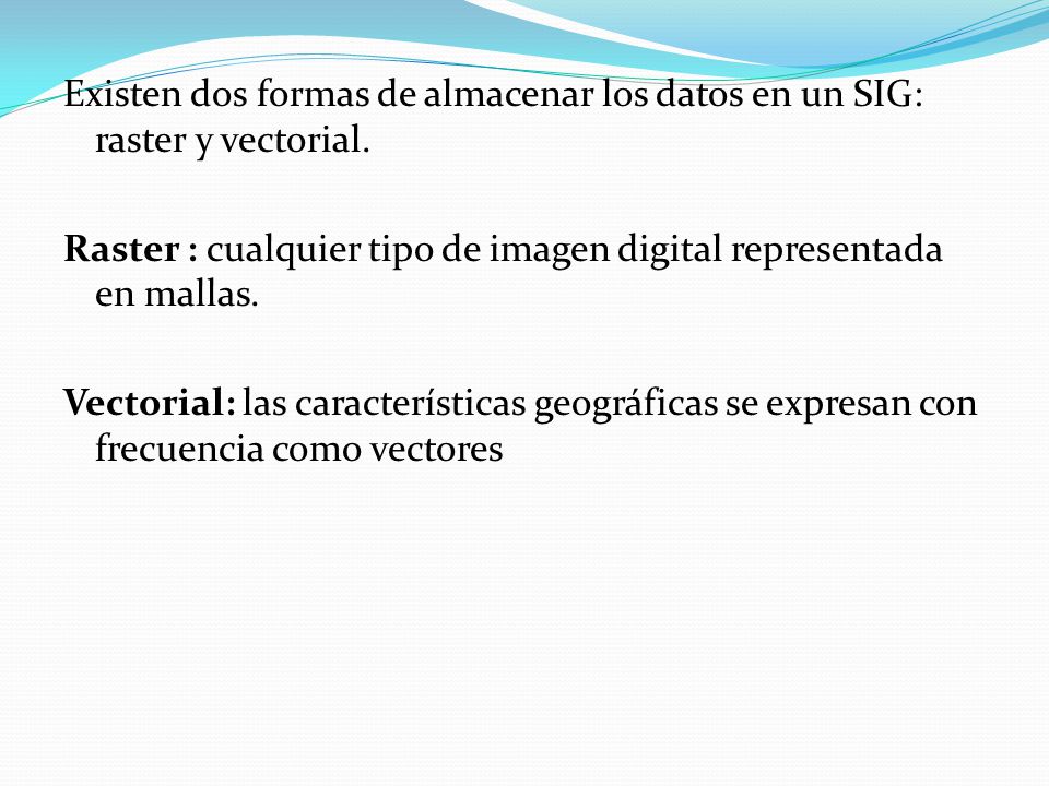 Existen dos formas de almacenar los datos en un SIG: raster y vectorial.