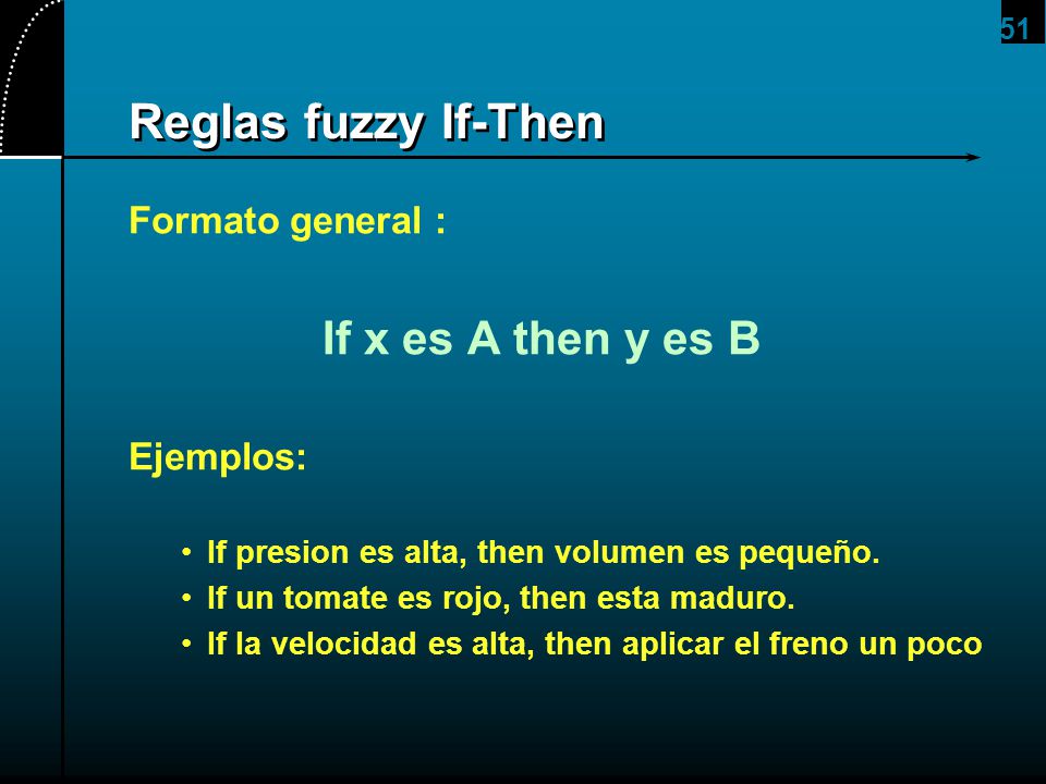 Reglas fuzzy If-Then If x es A then y es B Formato general : Ejemplos: