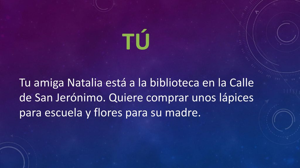 TÚ Tu amiga Natalia está a la biblioteca en la Calle de San Jerónimo.