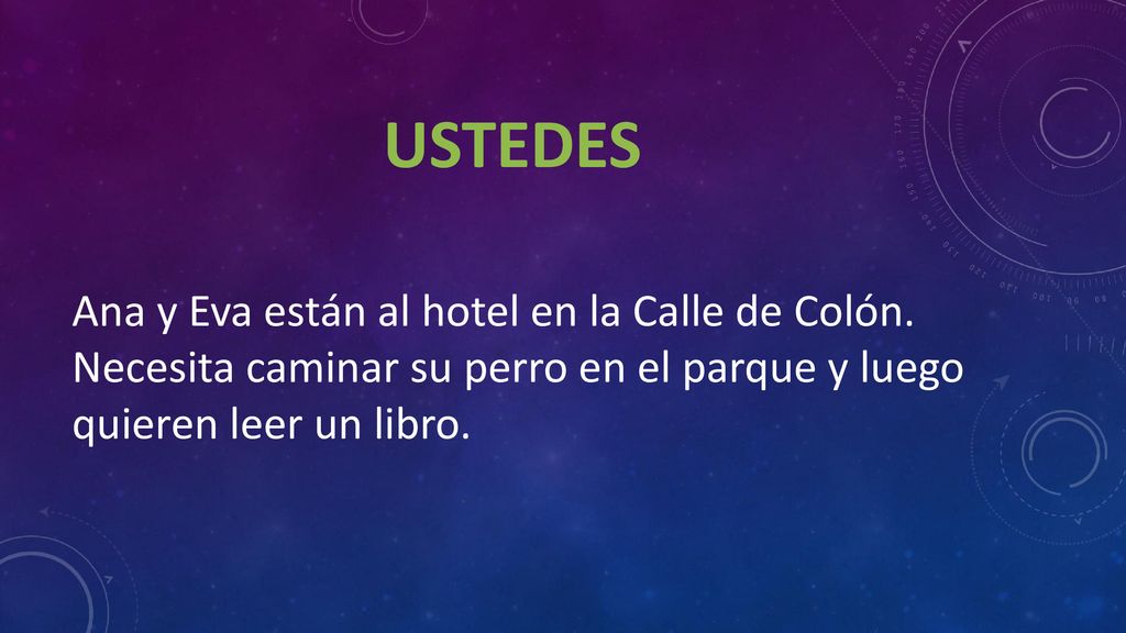 USTEDES Ana y Eva están al hotel en la Calle de Colón.