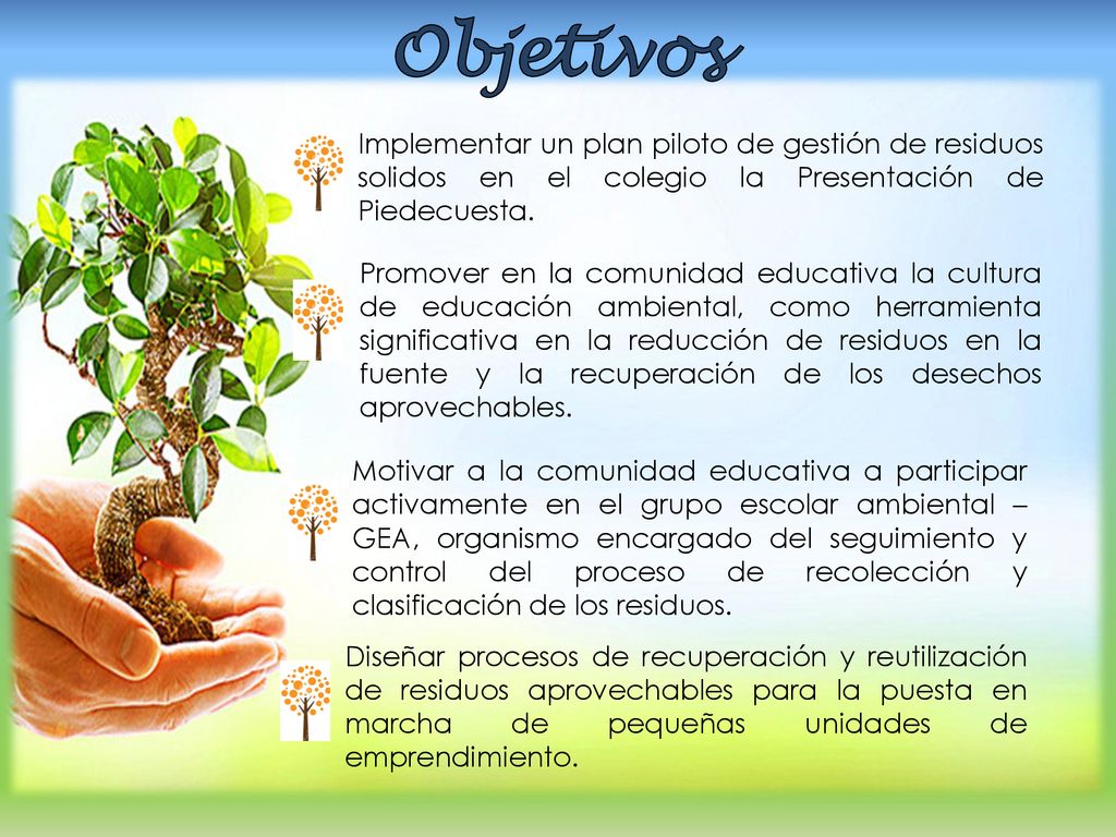 Objetivos Implementar un plan piloto de gestión de residuos solidos en el colegio la Presentación de Piedecuesta.