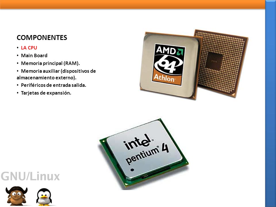 COMPONENTES LA CPU Main Board Memoria principal (RAM).