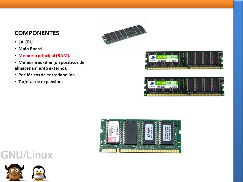 COMPONENTES LA CPU Main Board Memoria principal (RAM).