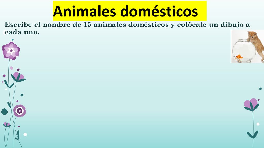 Animales domésticos Escribe el nombre de 15 animales domésticos y colócale un dibujo a cada uno.