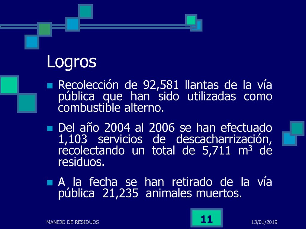 Logros Recolección de 92,581 llantas de la vía pública que han sido utilizadas como combustible alterno.