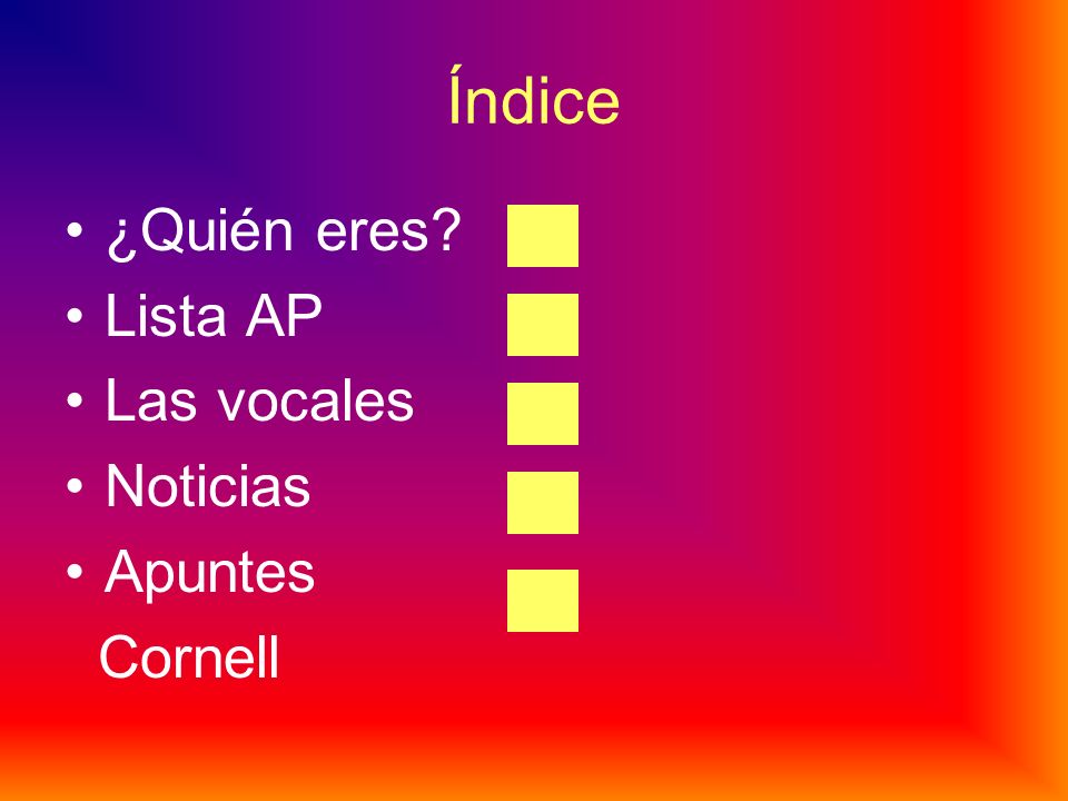 Índice ¿Quién eres Lista AP Las vocales Noticias Apuntes Cornell