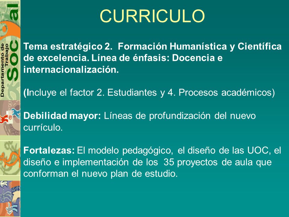 CURRICULO Tema estratégico 2. Formación Humanística y Científica de excelencia. Línea de énfasis: Docencia e internacionalización.