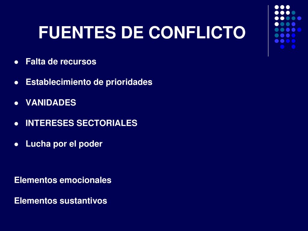 FUENTES DE CONFLICTO Falta de recursos Establecimiento de prioridades