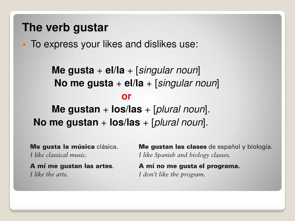 The verb gustar To express your likes and dislikes use:
