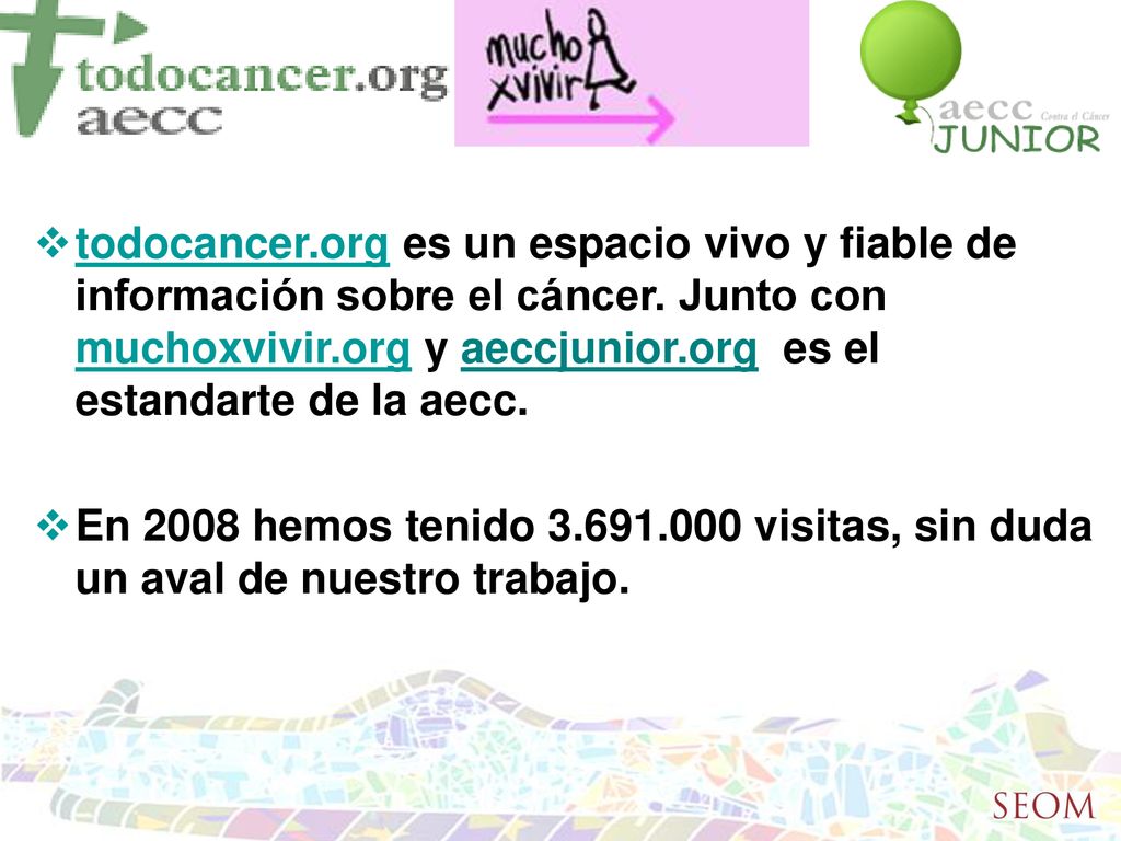 todocancer.org es un espacio vivo y fiable de información sobre el cáncer. Junto con muchoxvivir.org y aeccjunior.org es el estandarte de la aecc.