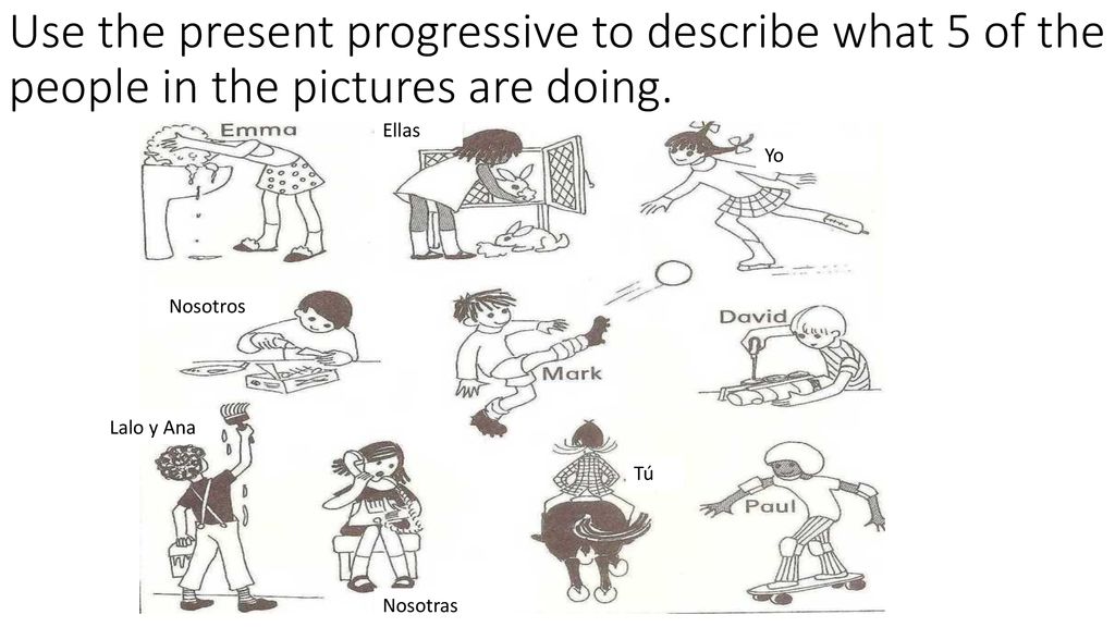 Use the present progressive to describe what 5 of the people in the pictures are doing.