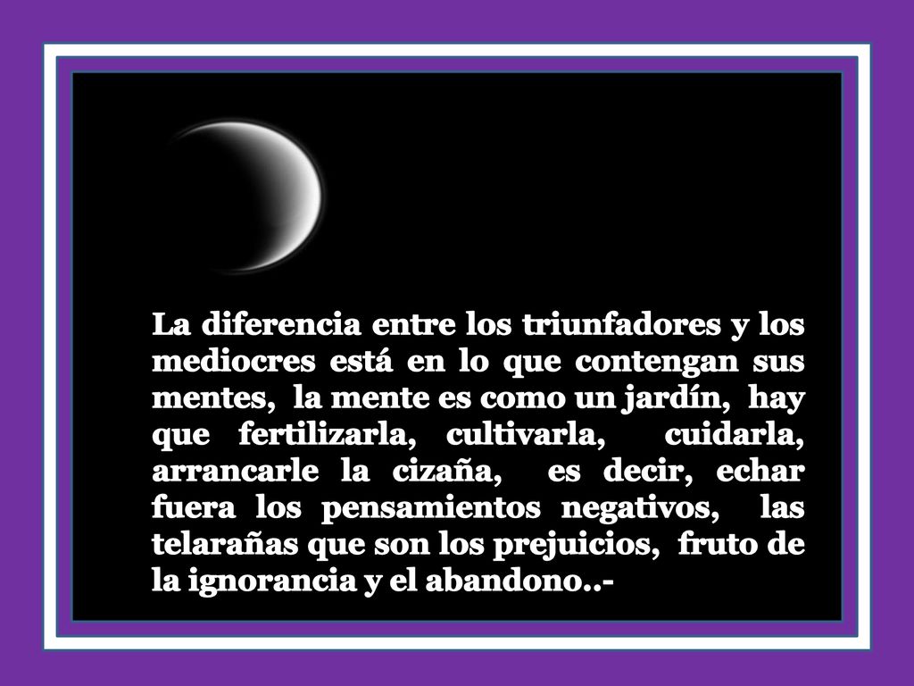 La diferencia entre los triunfadores y los mediocres está en lo que contengan sus mentes, la mente es como un jardín, hay que fertilizarla, cultivarla, cuidarla, arrancarle la cizaña, es decir, echar fuera los pensamientos negativos, las telarañas que son los prejuicios, fruto de la ignorancia y el abandono..-
