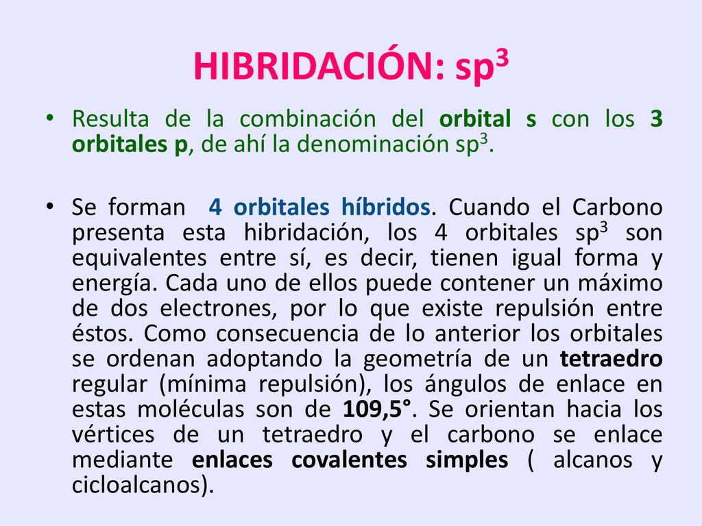 HIBRIDACIÓN: sp3 Resulta de la combinación del orbital s con los 3 orbitales p, de ahí la denominación sp3.
