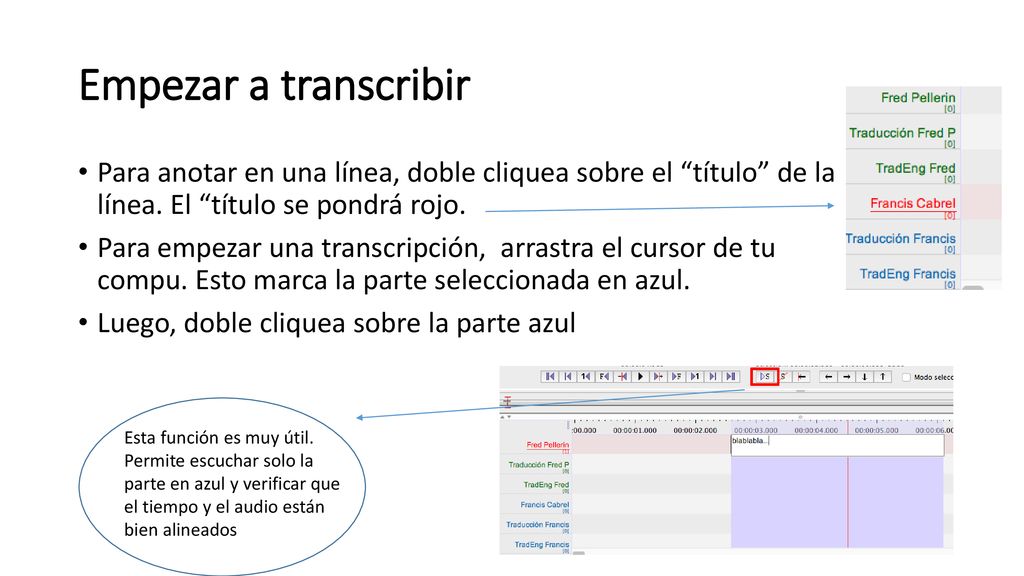 Empezar a transcribir Para anotar en una línea, doble cliquea sobre el título de la línea. El título se pondrá rojo.