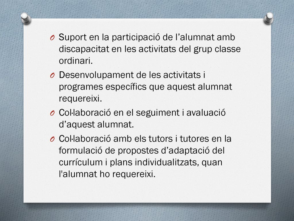 Suport en la participació de l’alumnat amb discapacitat en les activitats del grup classe ordinari.