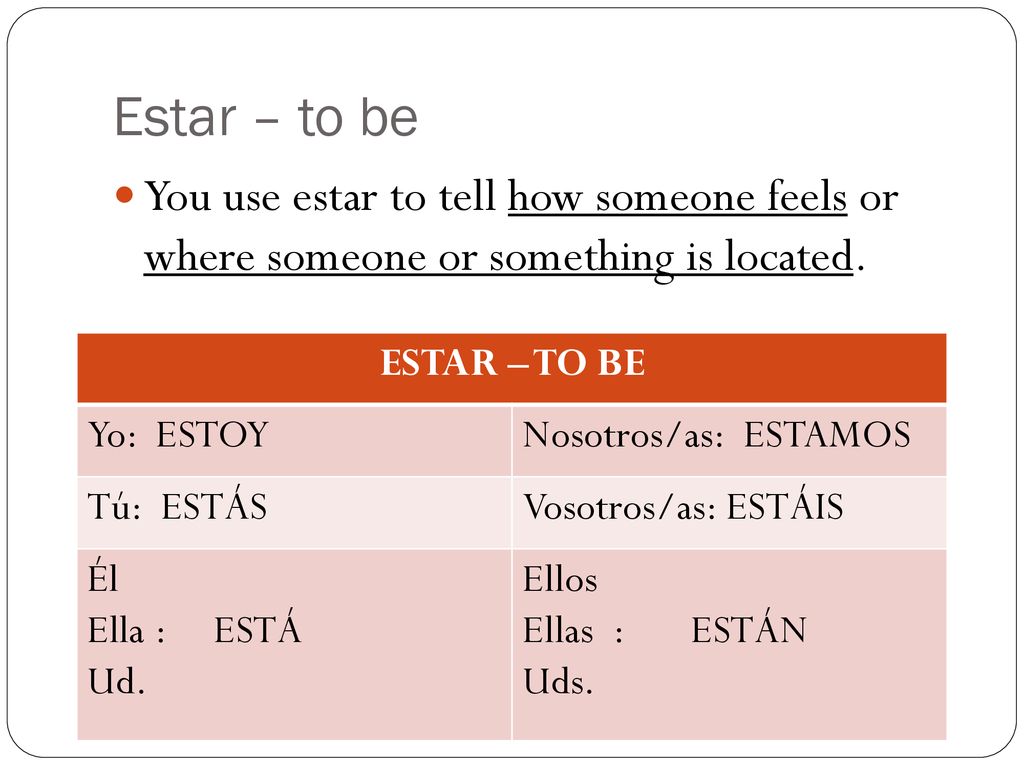 Estar – to be You use estar to tell how someone feels or where someone or something is located. ESTAR – TO BE.