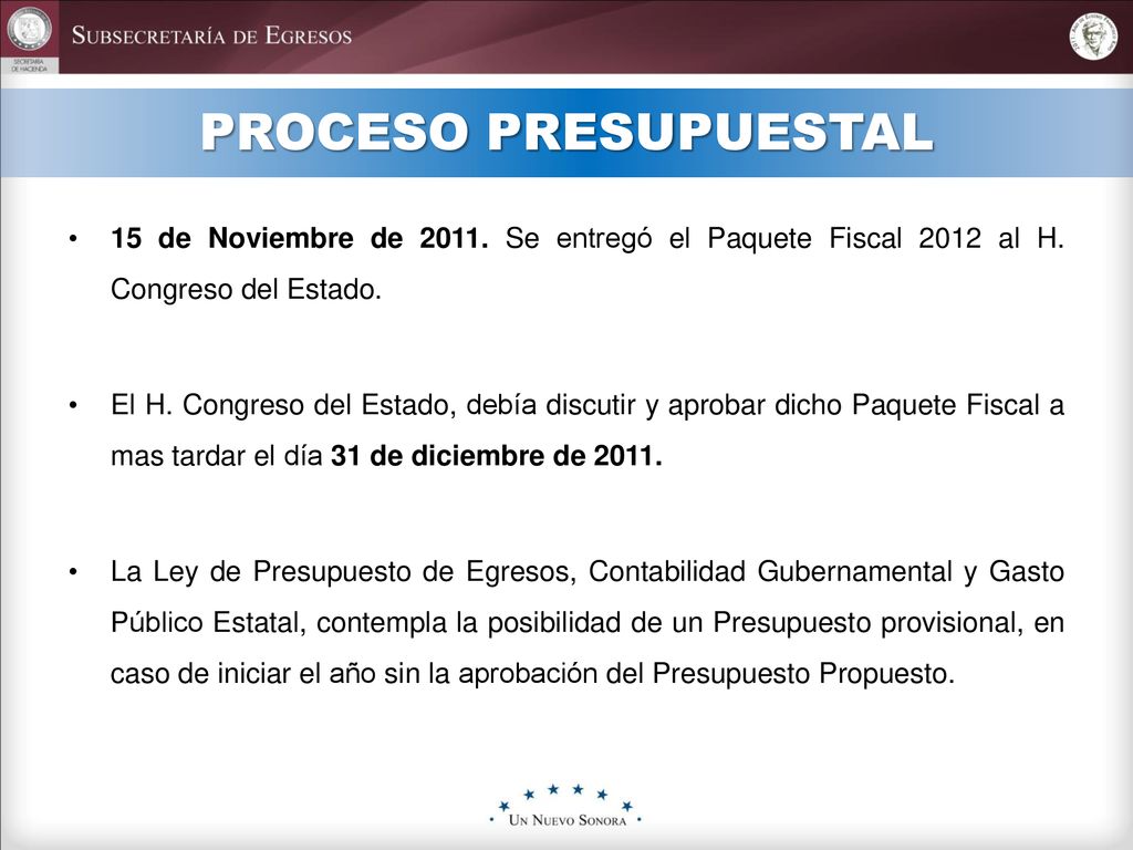 PROCESO PRESUPUESTAL 15 de Noviembre de Se entregó el Paquete Fiscal 2012 al H. Congreso del Estado.