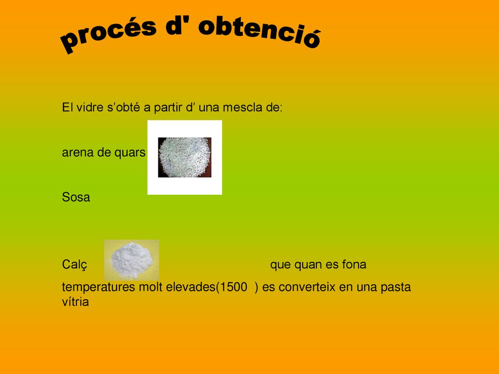 procés d obtenció El vidre s’obté a partir d’ una mescla de: