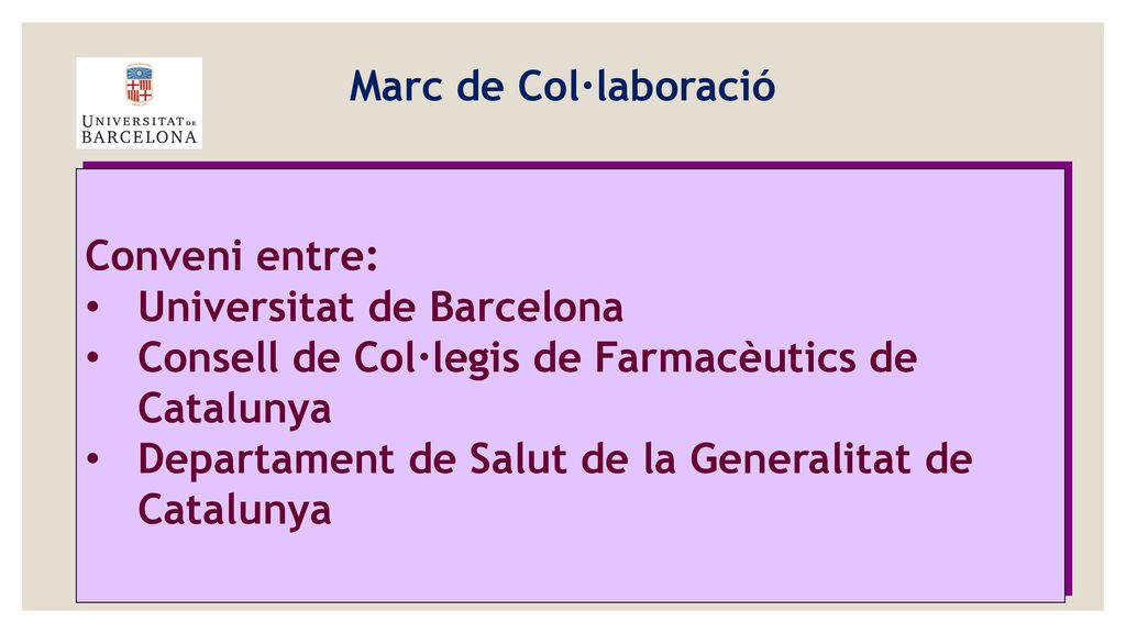 Marc de Col·laboració Conveni entre: Universitat de Barcelona. Consell de Col·legis de Farmacèutics de Catalunya.
