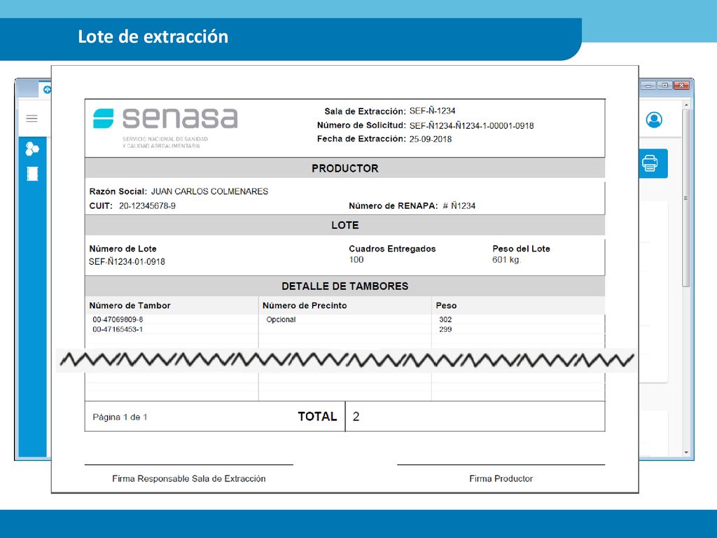 Lote de extracción Debe seleccionar el productor que va a realizar la extracción. Desde aquí se imprime el remito para transportar tambores llenos.