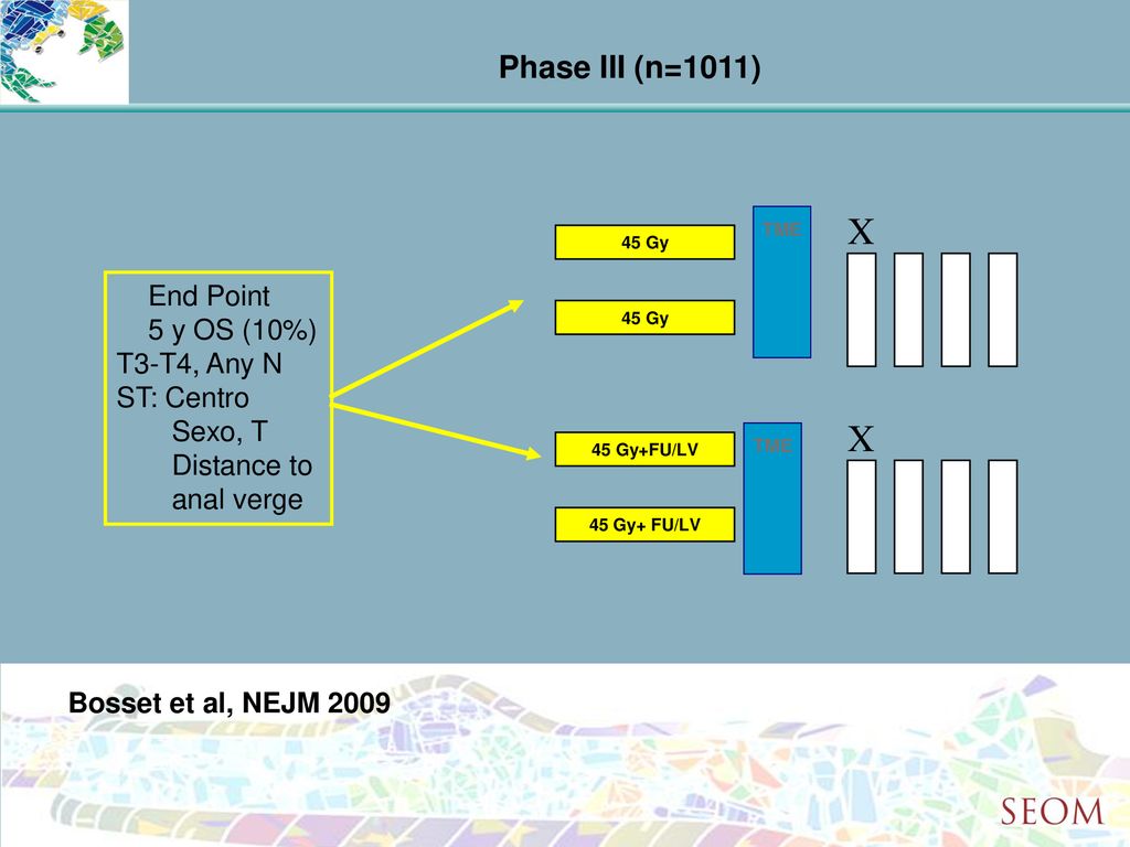 X X Phase III (n=1011) End Point 5 y OS (10%) T3-T4, Any N ST: Centro