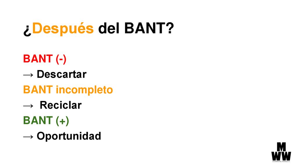 ¿Después del BANT BANT (-) → Descartar BANT incompleto → Reciclar