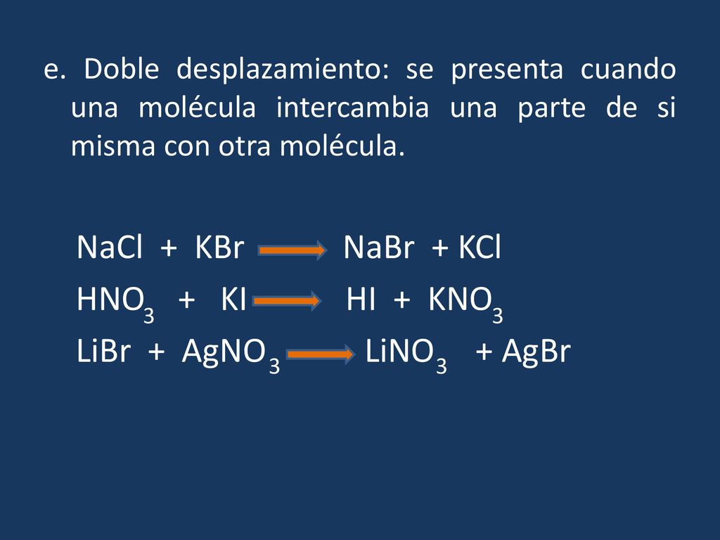 NaCl + KBr NaBr + KCl HNO + KI HI + KNO LiBr + AgNO LiNO + AgBr