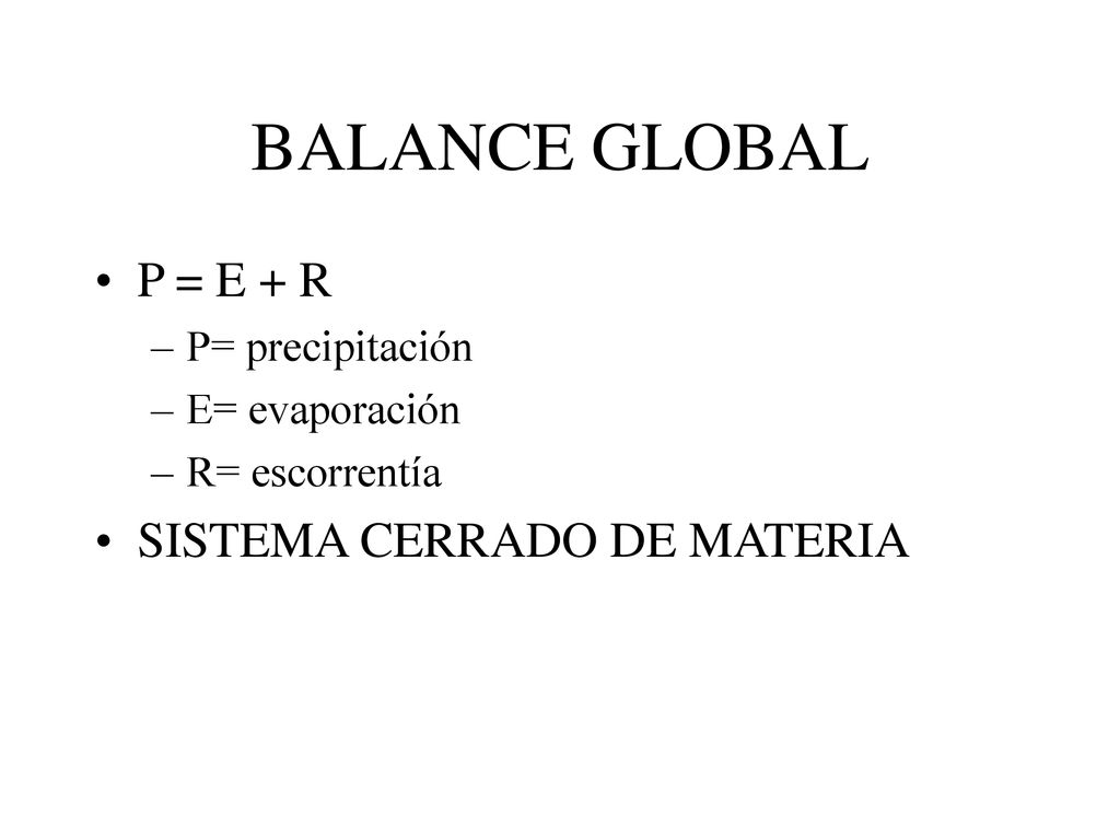 BALANCE GLOBAL P = E + R SISTEMA CERRADO DE MATERIA P= precipitación