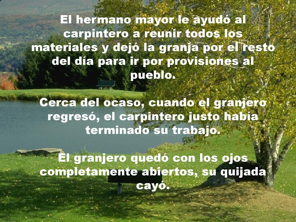 El hermano mayor le ayudó al carpintero a reunir todos los materiales y dejó la granja por el resto del día para ir por provisiones al pueblo.