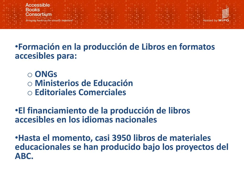 Formación Formación en la producción de Libros en formatos accesibles para: ONGs. Ministerios de Educación.