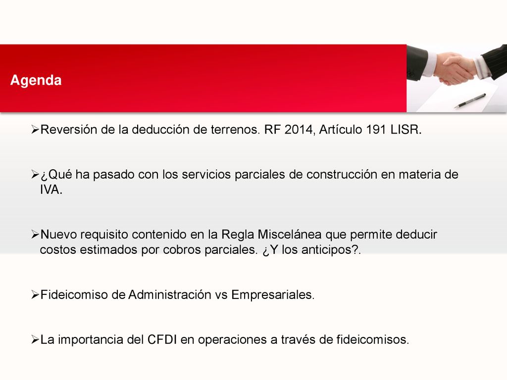 Agenda Reversión de la deducción de terrenos. RF 2014, Artículo 191 LISR.