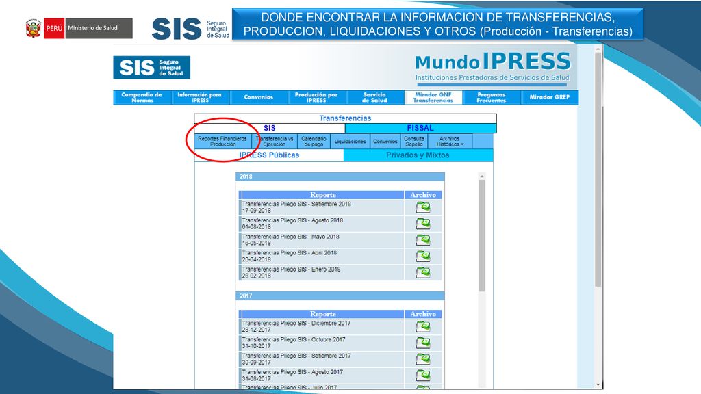 DONDE ENCONTRAR LA INFORMACION DE TRANSFERENCIAS, PRODUCCION, LIQUIDACIONES Y OTROS (Producción - Transferencias)