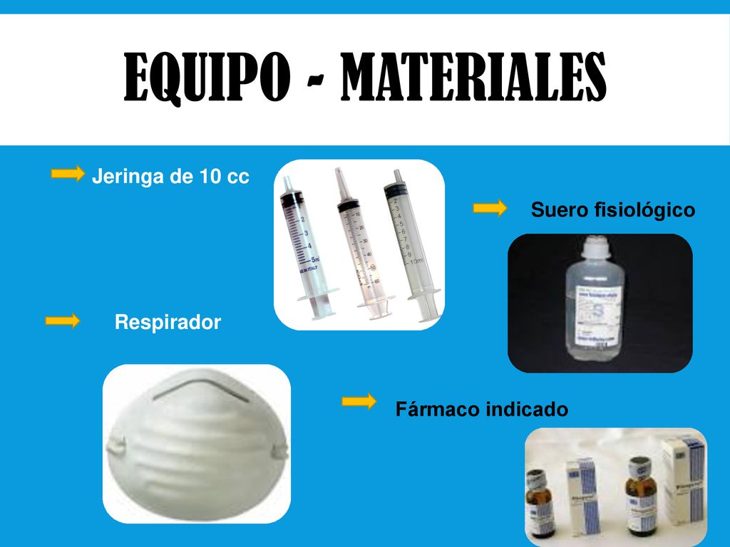 EQUIPO - MATERIALES Jeringa de 10 cc Suero fisiológico Respirador