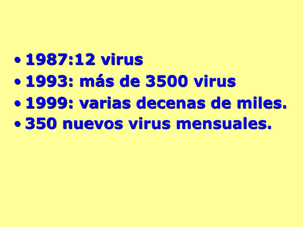1987:12 virus 1993: más de 3500 virus 1999: varias decenas de miles. 350 nuevos virus mensuales.