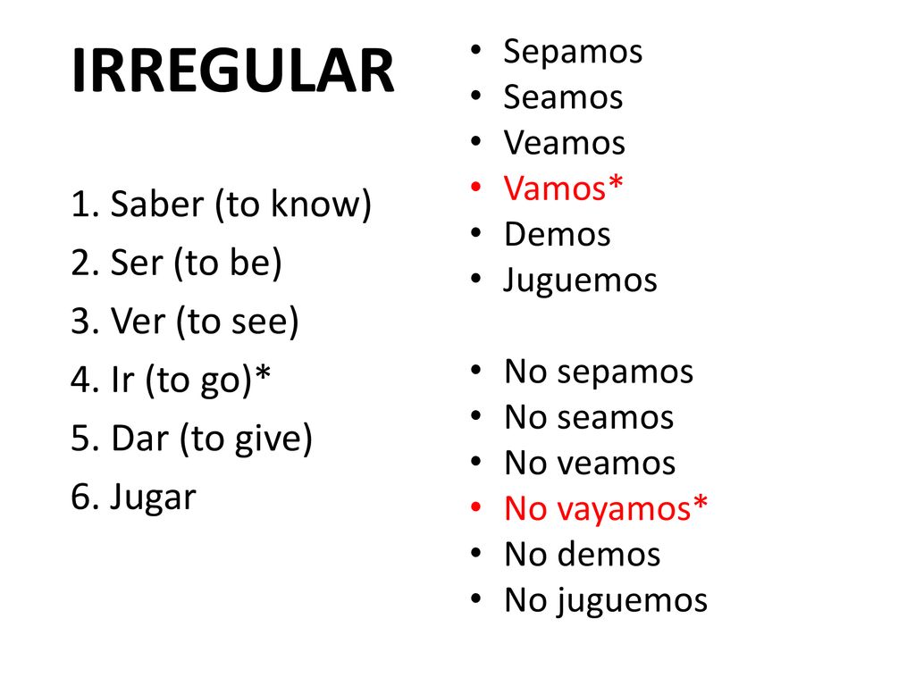 IRREGULAR 1. Saber (to know) 2. Ser (to be) 3. Ver (to see)