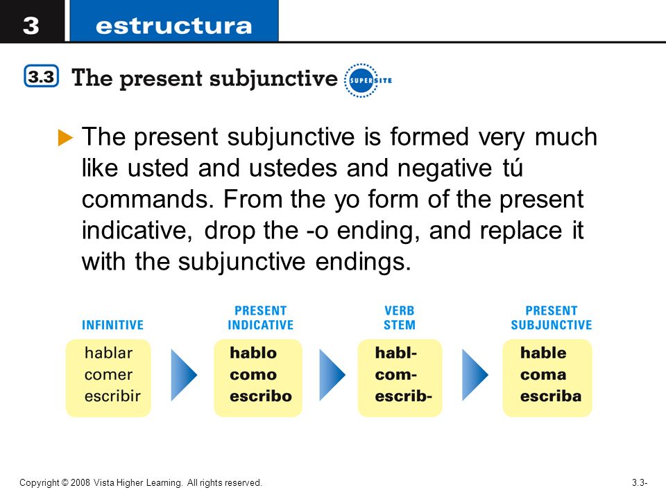 The present subjunctive is formed very much like usted and ustedes and negative tú commands. From the yo form of the present indicative, drop the -o ending, and replace it with the subjunctive endings.