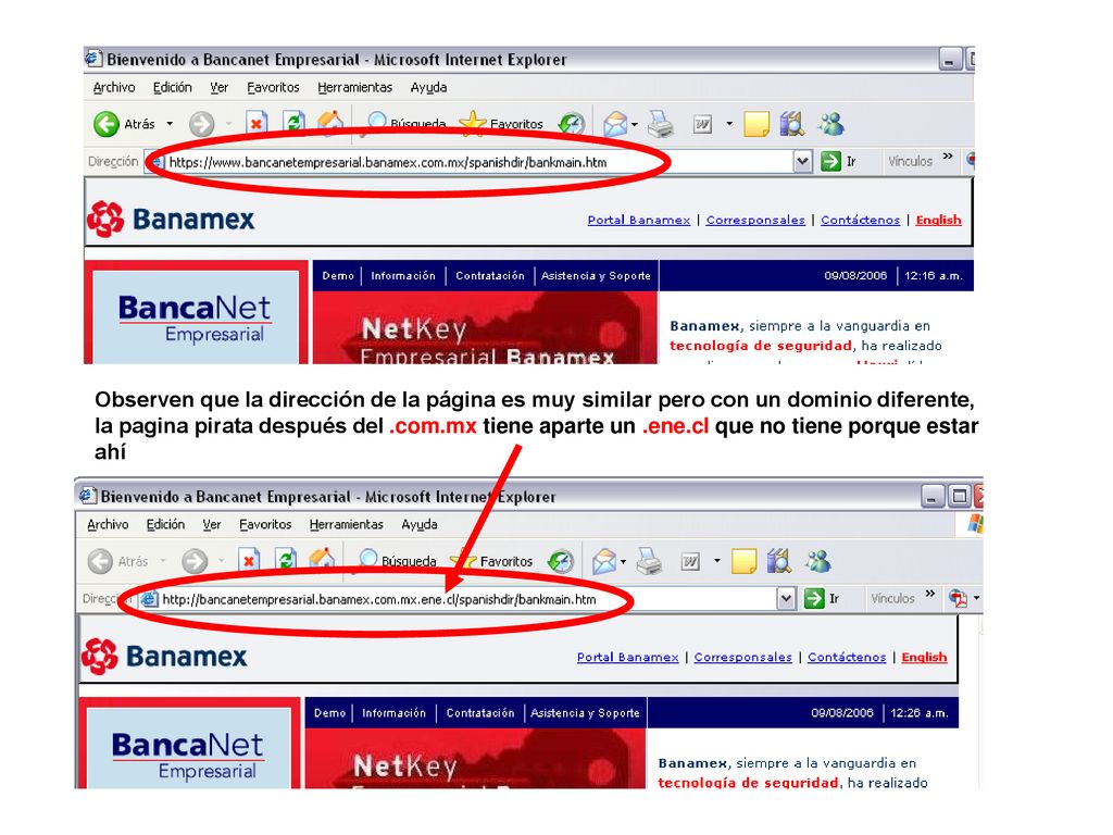 Observen que la dirección de la página es muy similar pero con un dominio diferente, la pagina pirata después del .com.mx tiene aparte un .ene.cl que no tiene porque estar ahí
