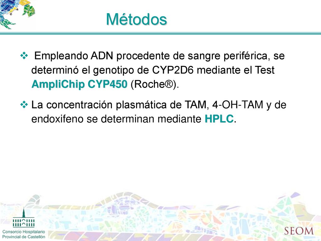 Métodos Empleando ADN procedente de sangre periférica, se determinó el genotipo de CYP2D6 mediante el Test AmpliChip CYP450 (Roche®).