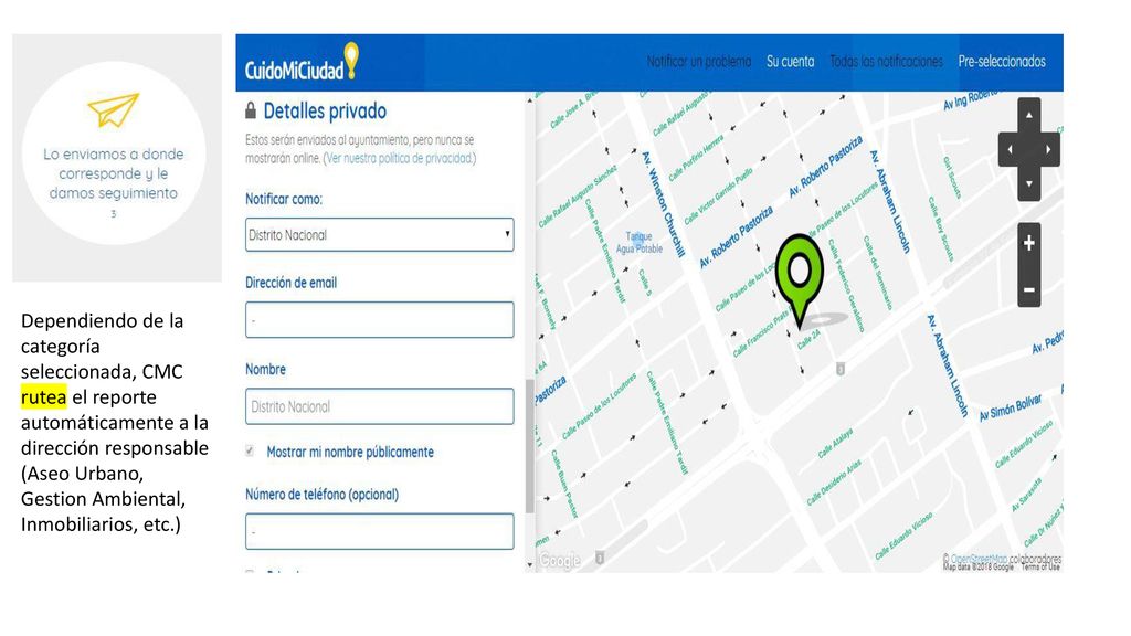 Dependiendo de la categoría seleccionada, CMC rutea el reporte automáticamente a la dirección responsable (Aseo Urbano, Gestion Ambiental, Inmobiliarios, etc.)
