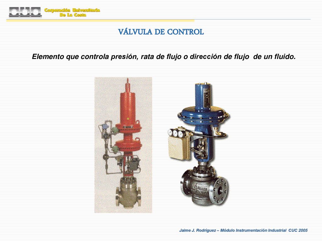 VÁLVULA DE CONTROL Elemento que controla presión, rata de flujo o dirección de flujo de un fluido.