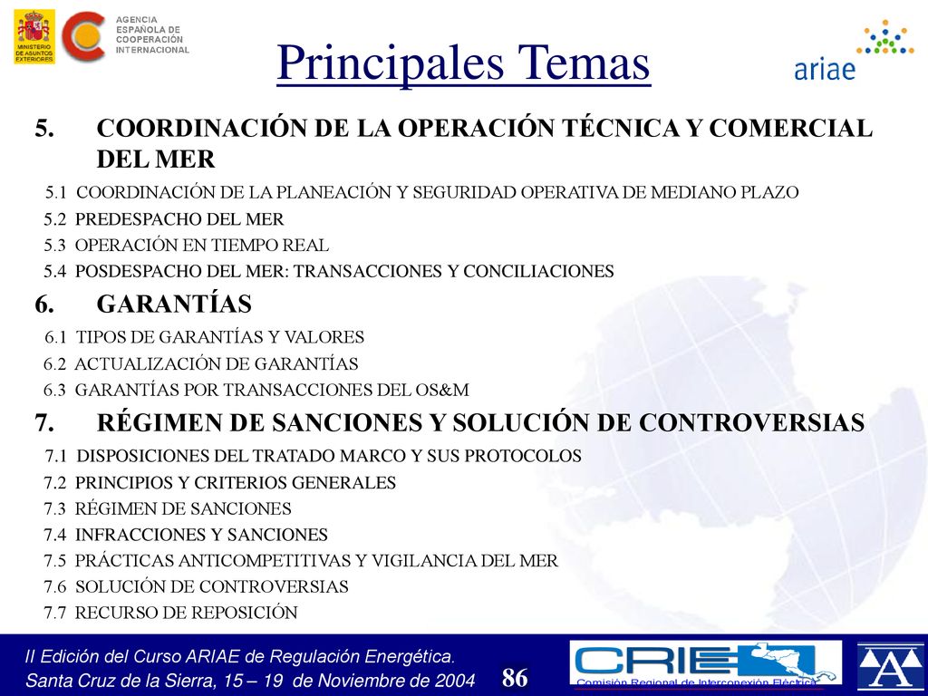 Principales Temas COORDINACIÓN DE LA OPERACIÓN TÉCNICA Y COMERCIAL DEL MER.
