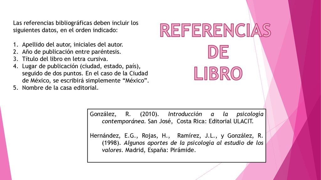 Las referencias bibliográficas deben incluir los siguientes datos, en el orden indicado: