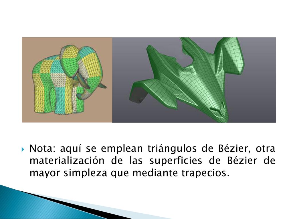 Nota: aquí se emplean triángulos de Bézier, otra materialización de las superficies de Bézier de mayor simpleza que mediante trapecios.