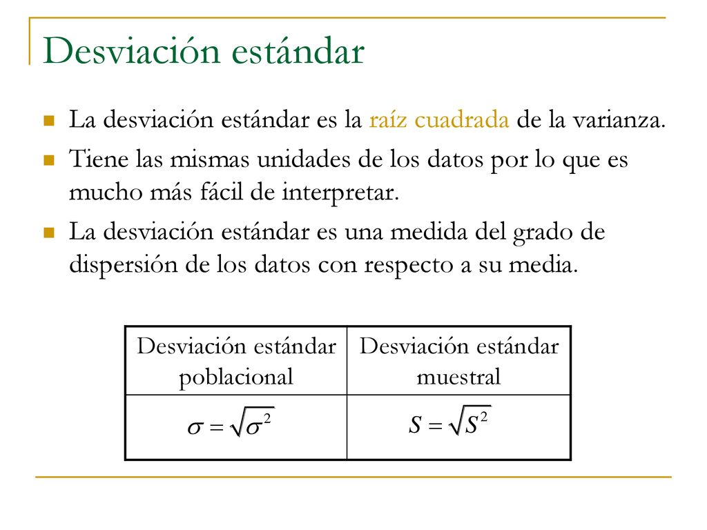 Desviación estándar La desviación estándar es la raíz cuadrada de la varianza.