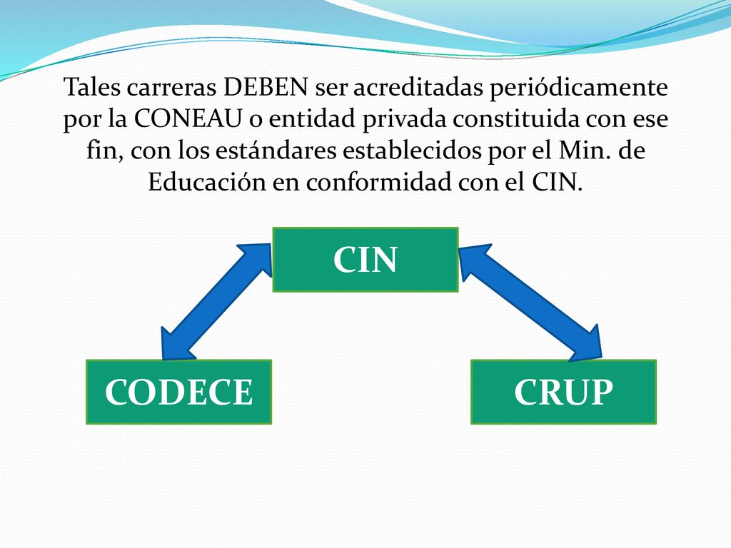 Tales carreras DEBEN ser acreditadas periódicamente por la CONEAU o entidad privada constituida con ese fin, con los estándares establecidos por el Min. de Educación en conformidad con el CIN.