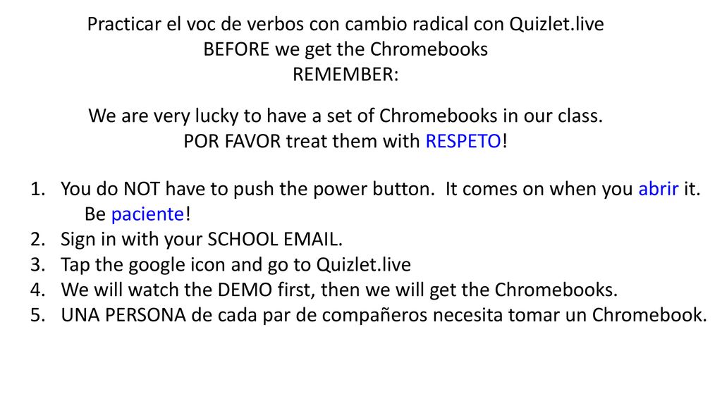 Practicar el voc de verbos con cambio radical con Quizlet.live