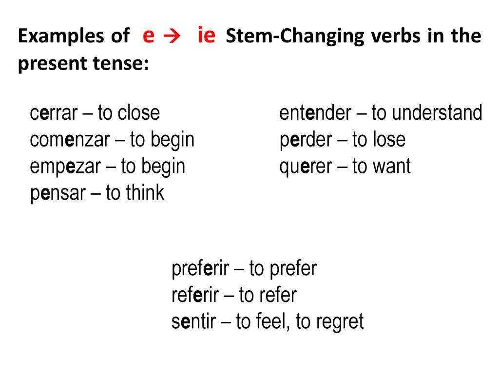Examples of e  ie Stem-Changing verbs in the present tense:
