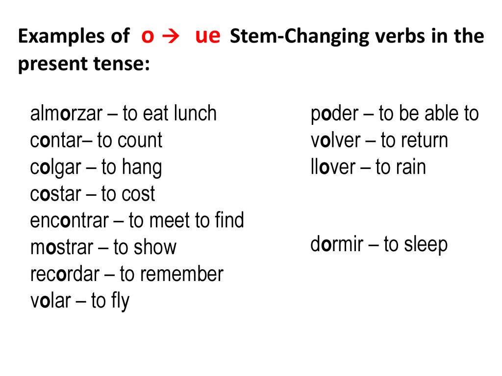 Examples of o  ue Stem-Changing verbs in the present tense: