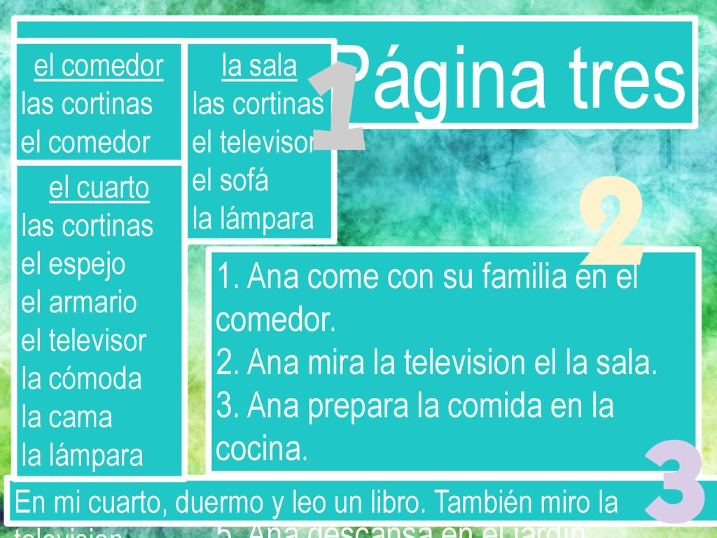 Página tres 1. Ana come con su familia en el comedor.