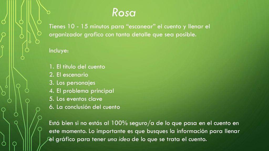 Rosa Tienes minutos para escanear el cuento y llenar el organizador grafico con tanta detalle que sea posible.